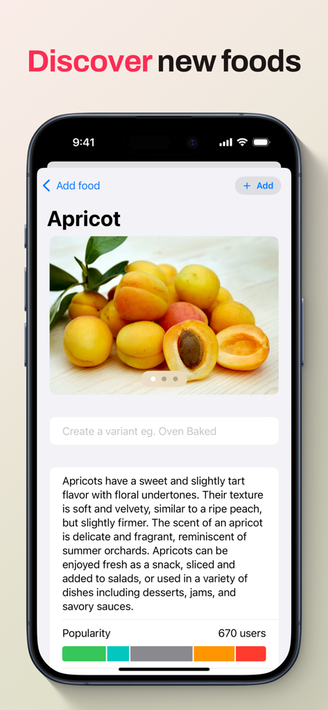 ARFID & Picky Eaters - Pitaya - Pitaya app screen showing a detailed food profile for an apricot with photos and sensory descriptions of flavor and texture.
