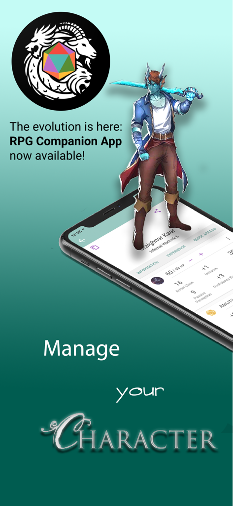 Smartphone affichant une fiche de personnage D&D numérique avec un sorcier illustré