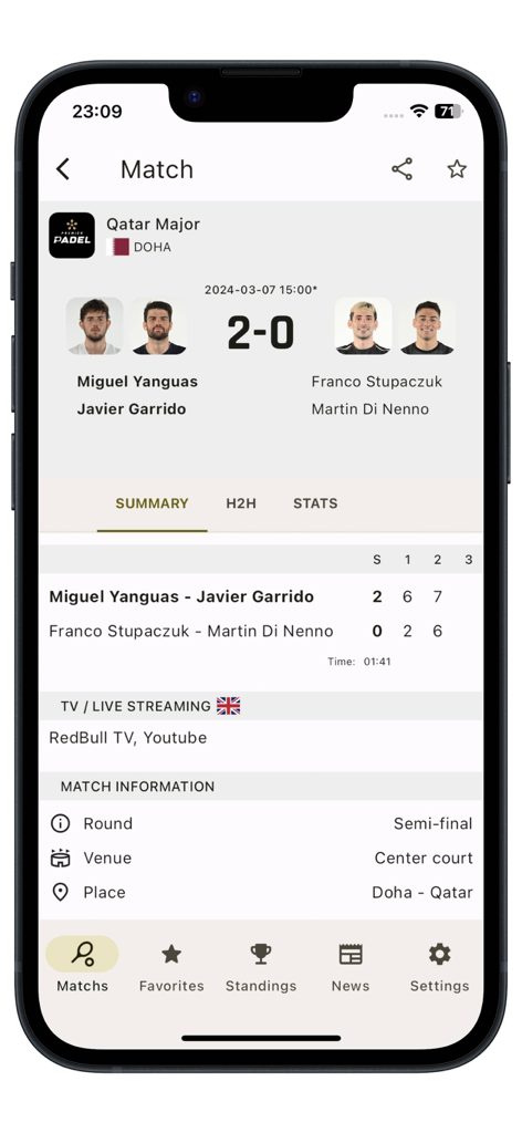 Écran de l'application Padel LiveScore montrant un résumé de match professionnel avec les scores et les détails du tournoi pour le Qatar Major.