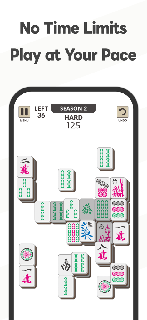 Mahjong Solitaire 1000+ Levels - Pantalla del juego Mahjong Solitario con fichas tradicionales y sin límite de tiempo