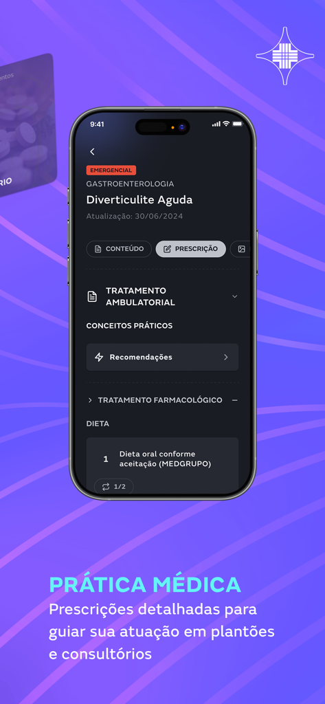 MEDMe Prática Médica - MEDMe app interface showing clinical treatment protocols and medical prescriptions