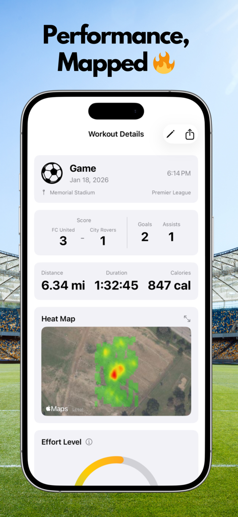 SoccerTrackr - Aplicativo SoccerTrackr exibindo detalhes de treino com estatísticas de jogo e mapa de calor de movimento