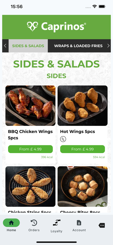 Menú de la app Caprinos Pizza mostrando opciones de acompañamientos como alitas de pollo BBQ, alitas picantes y tiras de pollo con precios.