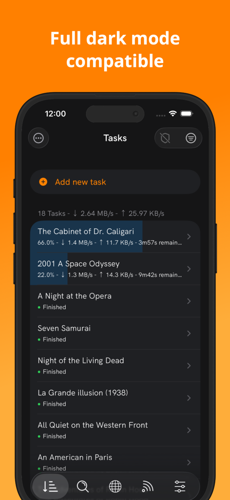 DSLoad Station app interface in dark mode on an iPhone showing a list of active and completed download tasks.