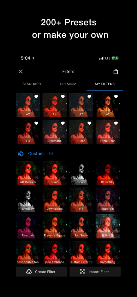 Polarr Pro Photo Editor app displaying a grid of custom filters and presets in the My Filters tab