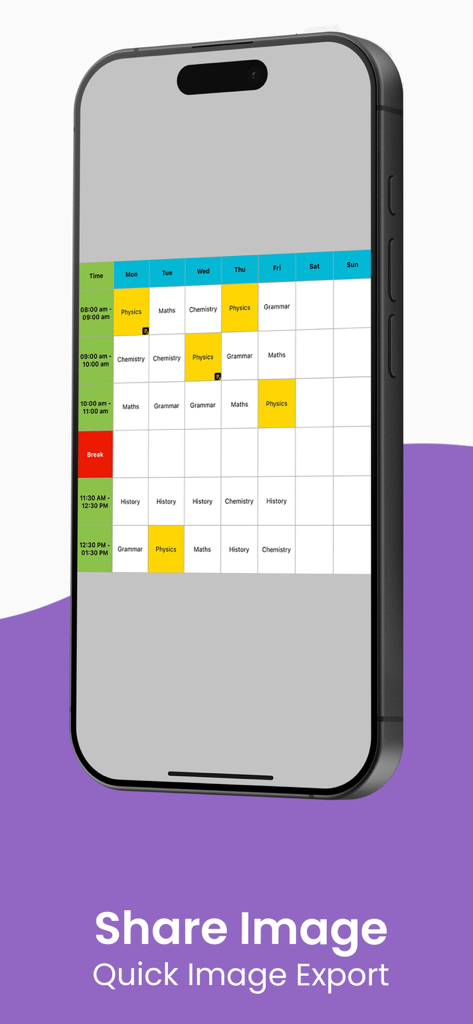 iPhone exibindo um horário de aulas semanal codificado por cores com opção rápida de exportação de imagem.