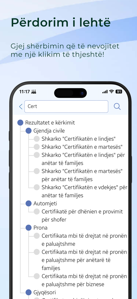 eKosova - Mobile Benutzeroberfläche der eKosova-App mit Suchergebnissen für Regierungsdienste wie Geburtsurkunden und Eigentumsdokumente