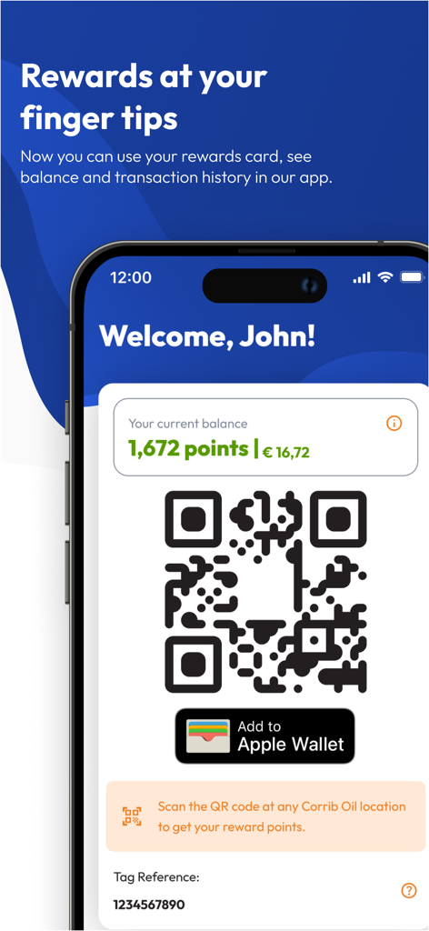 Corrib Oil - Corrib Oil mobile app rewards screen showing a QR code and point balance