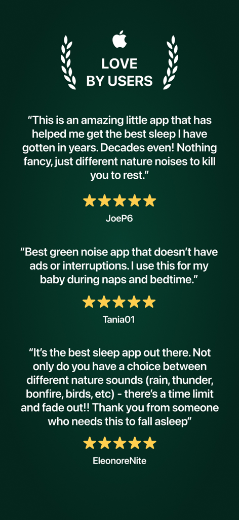 Tres testimonios de usuarios con calificaciones de cinco estrellas para la aplicación Green Noise Sleeping Sounds