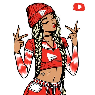 realistic teenage girl with braids and a beanie and crop top doing 🫶🏼