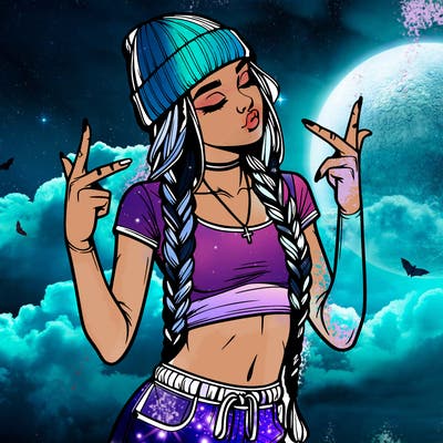 realistic teenage girl with braids and a beanie and crop top doing 🫶🏼