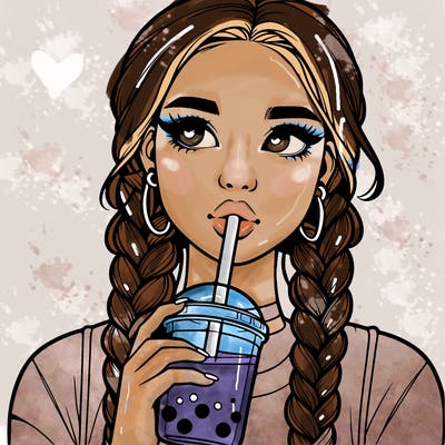 realistic girl with braided hair drinking boba