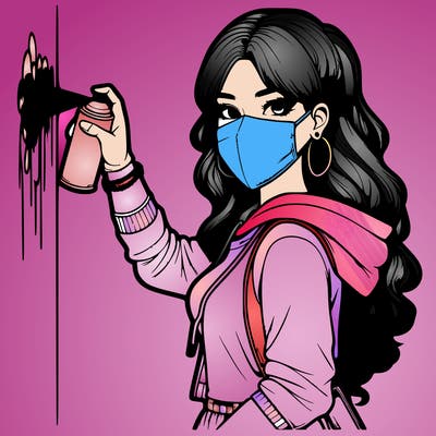 realistic girl with mask spray painting a wall
