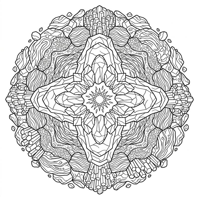 Explore the mesmerizing patterns of volcanic landscapes within a beautifully intricate mandala. This unique coloring page invites you to discover symmetrical rock formations and geological textures.