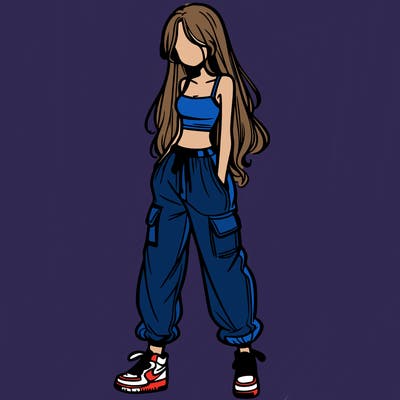 girl in baggy pants crop top and long hair