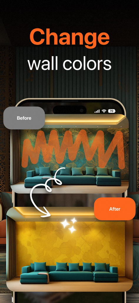 AI Home Design - Homely AI - Before and after visualization of changing living room wall colors using the Homely AI app.