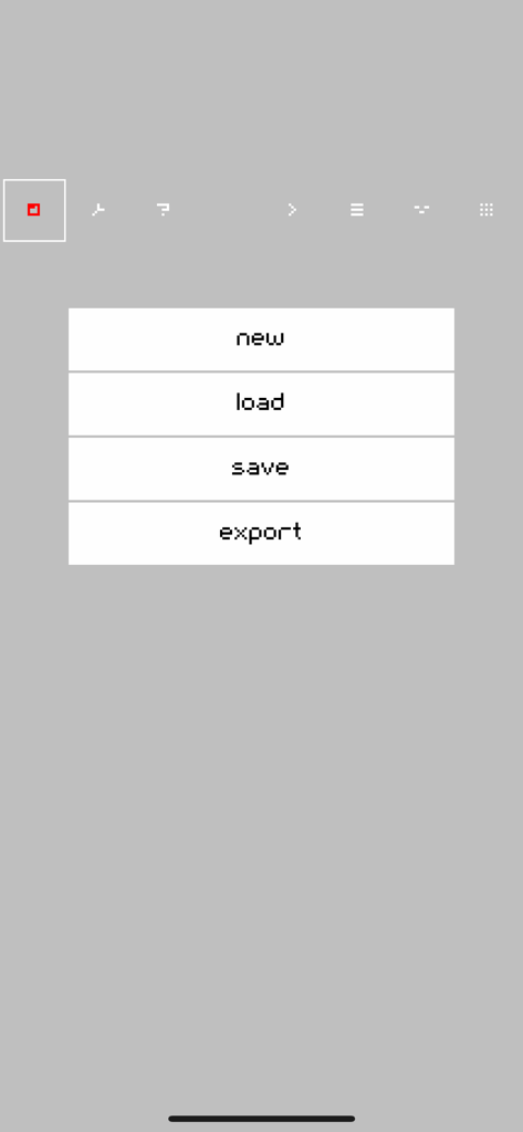 nanoloop - Minimalist menu in Nanoloop app with buttons for new load save and export in pixel font