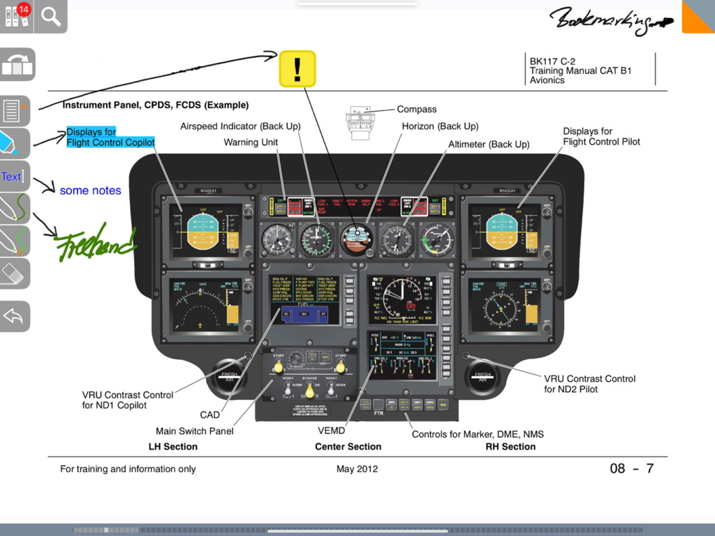 Technical diagram of a helicopter instrument panel with digital annotations and highlights