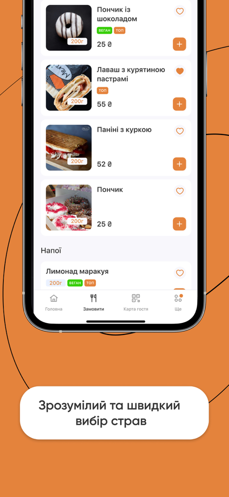 Merci - A mobile app interface for Merci showing a food menu with donuts, wraps, and paninis.
