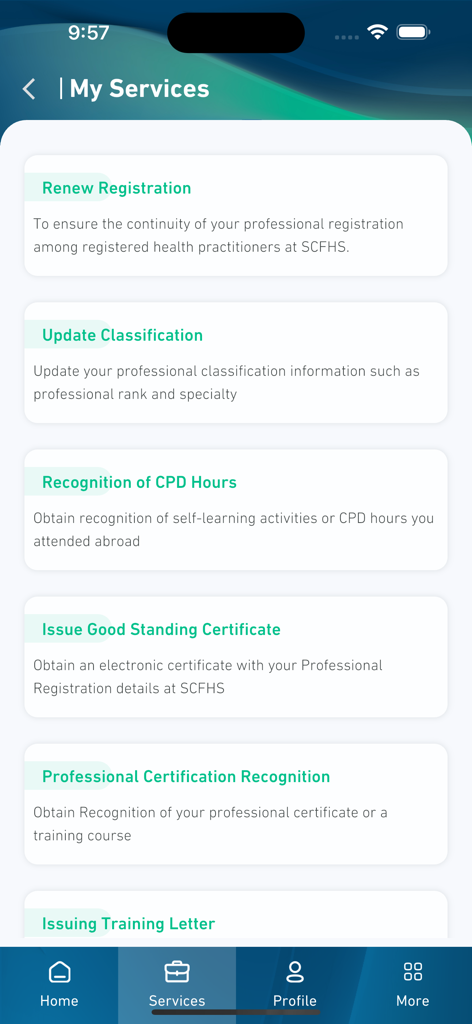 Mumaris+ - A screenshot of the My Services menu in the Mumaris plus app displaying various professional healthcare services such as Renew Registration and Recognition of CPD Hours.