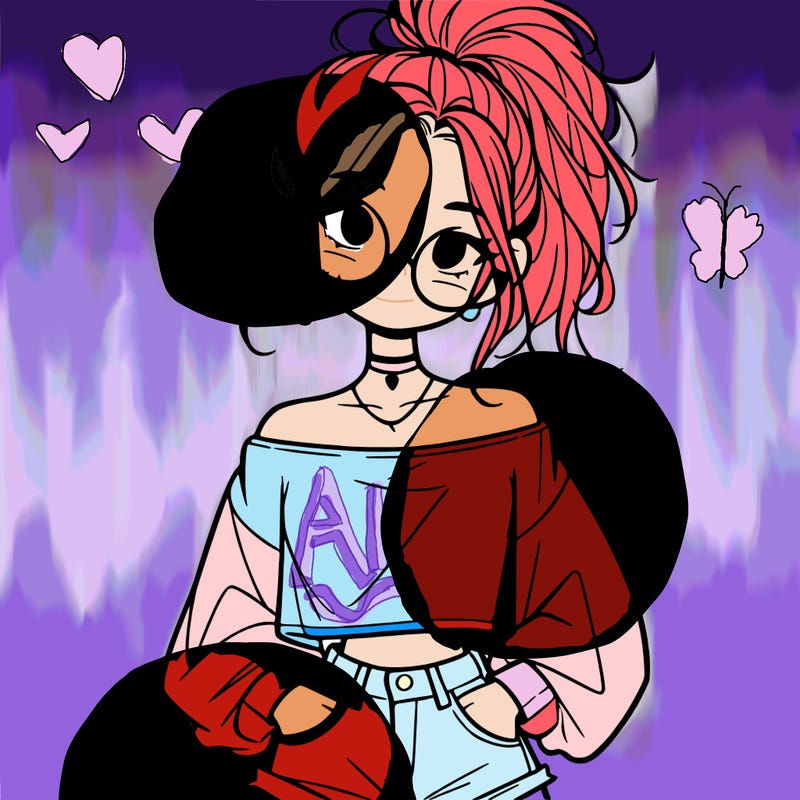 girl with a messy ponytail glasses a baggy crop top and jean shorts