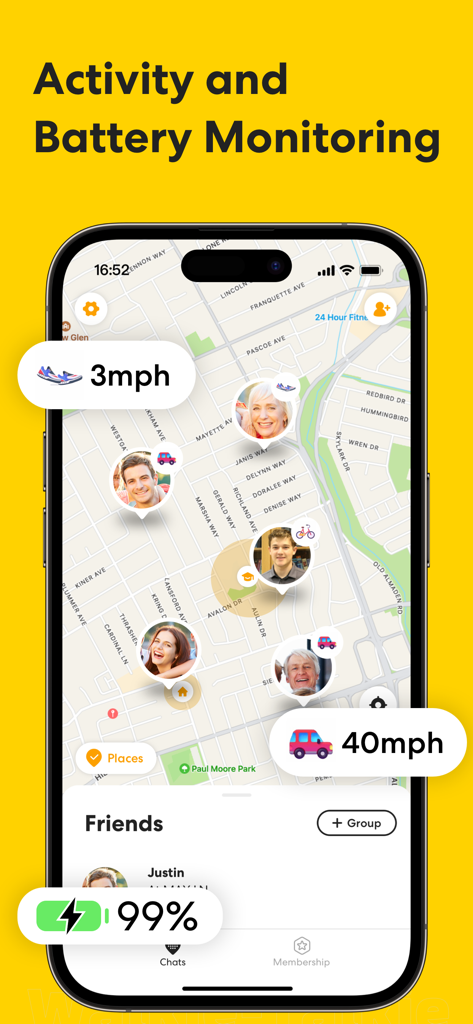 HiPal: Phone tracker & Talkie - HiPal app screen showing friends locations movement speeds and battery levels on a map