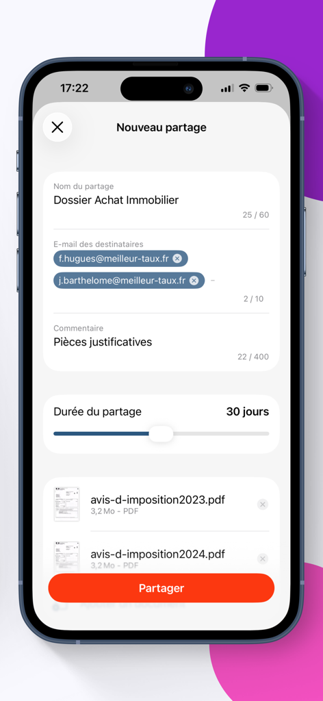 Mobile app interface for securely sharing sensitive documents like tax notices with a set expiration date.