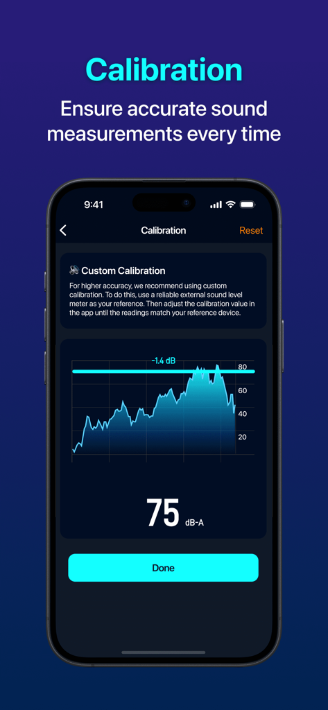 Decibel: dB Sound Meter - Calibration interface of the Decibel sound meter app showing a real-time sound waveform graph and a 75 decibel readout.