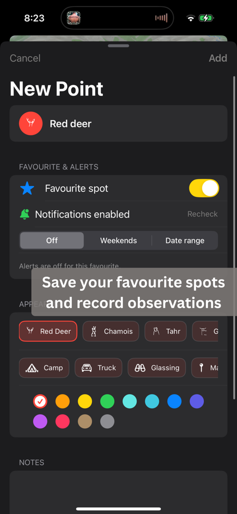 interface of WildVision app for saving hunting locations and marking observations with custom icons and colors
