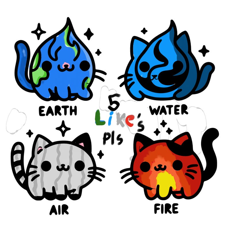 4 cats that represent the different elements, earth, water, air, and fire