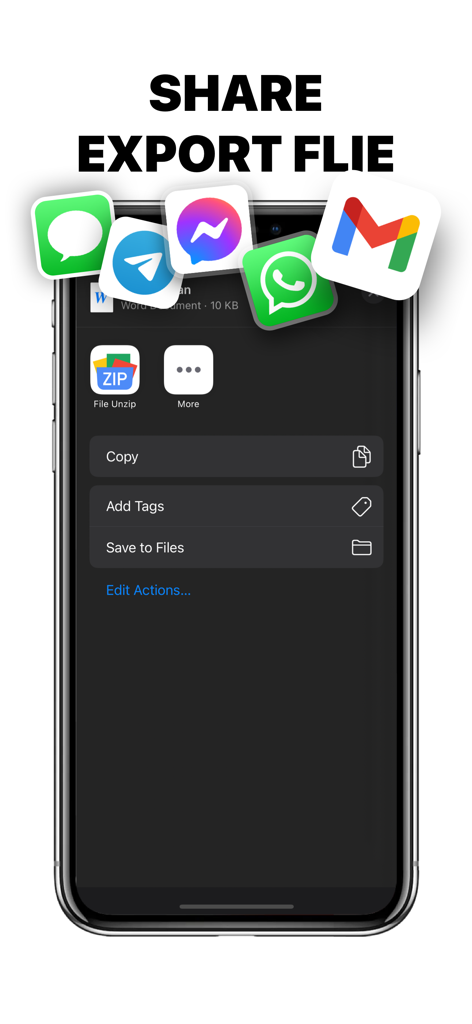 RAR Zip: Unzip File Manager - Interfaz de la aplicación RAR Zip mostrando opciones para compartir y exportar archivos a través de aplicaciones de mensajería y correo electrónico