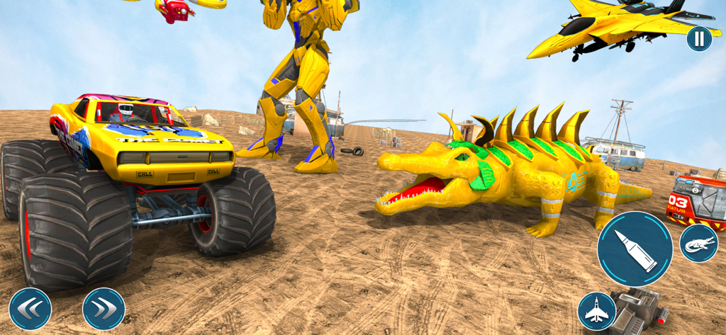 Crocodile Robot War Fighter - Yellow monster truck and robotic crocodile in a desert combat scene with a fighter jet overhead.