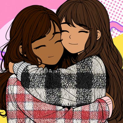realistic two girls hugging