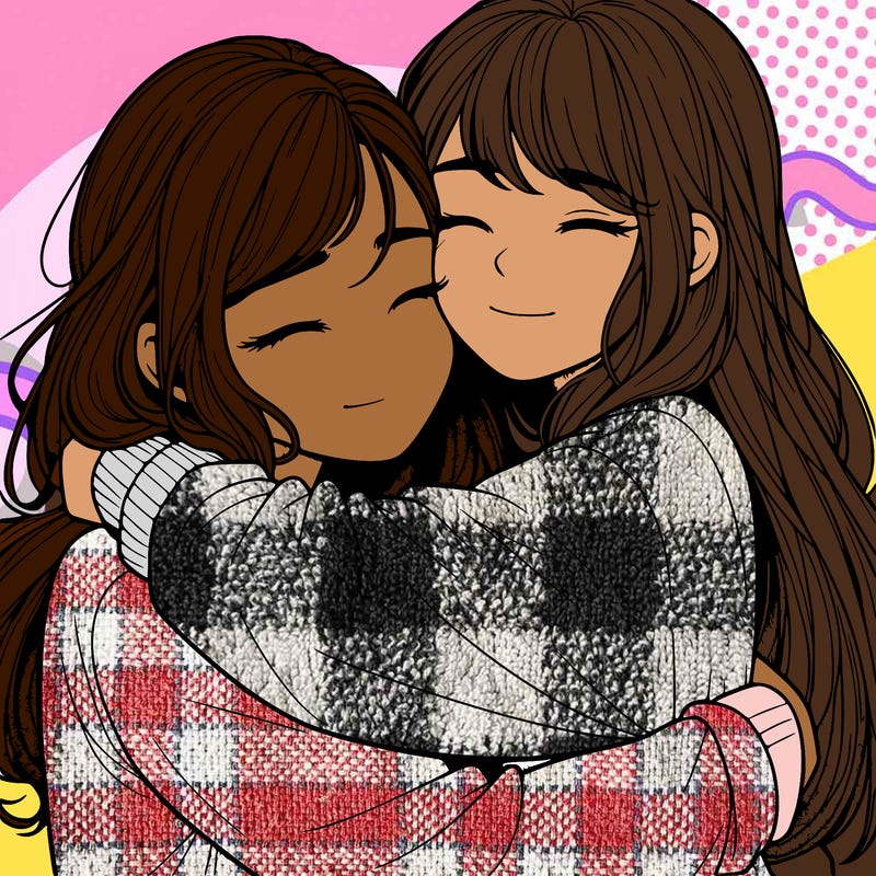 realistic two girls hugging