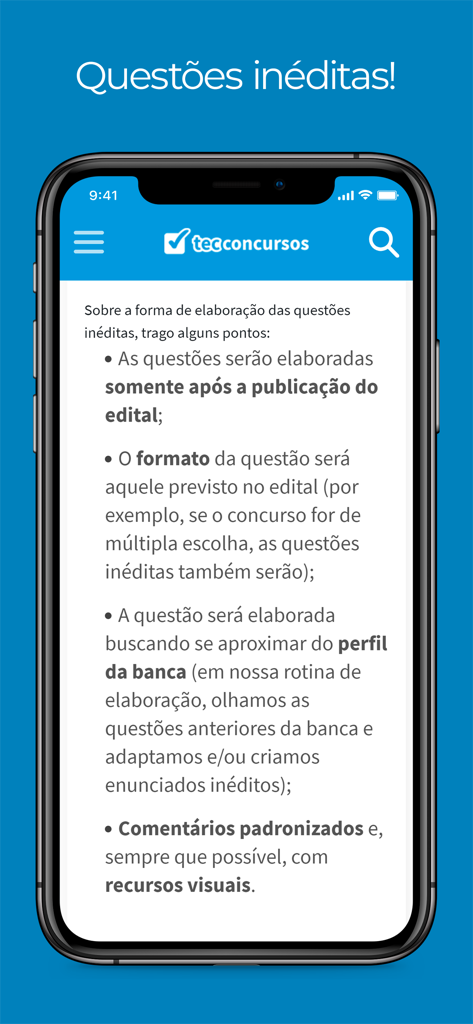 Tec Concursos - Mobile screen of Tec Concursos app showing details about custom exam practice questions and teacher feedback.