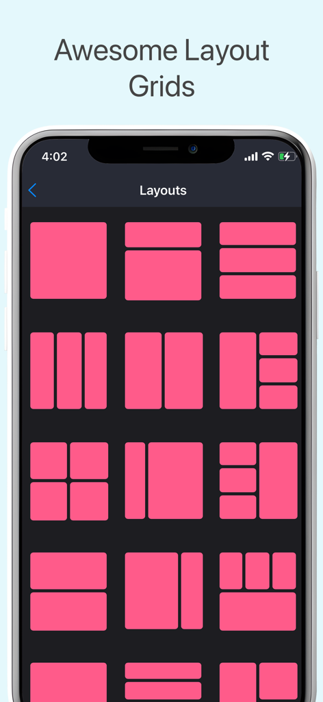 さまざまなフォトコラージュのレイアウトグリッドとテンプレートを表示するモバイルアプリのインターフェース