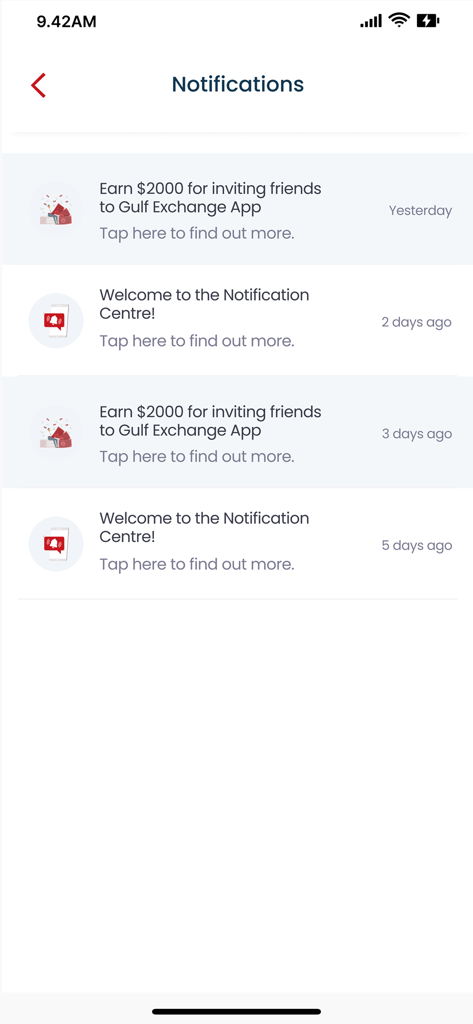 Gulf Exchange App - The notifications screen of the Gulf Exchange app showing referral offers and welcome messages.