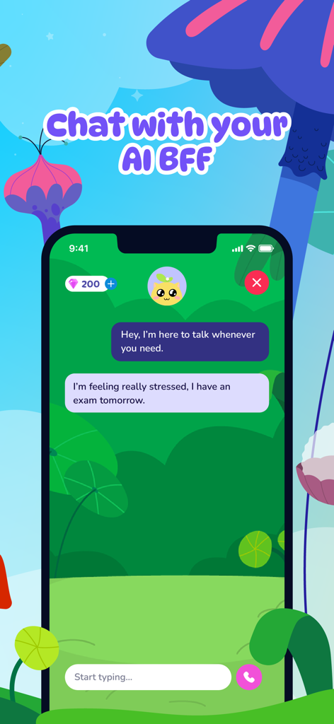 AI Companion Talking Pet - Emy - Interface of Emy AI companion app showing a conversation for stress relief