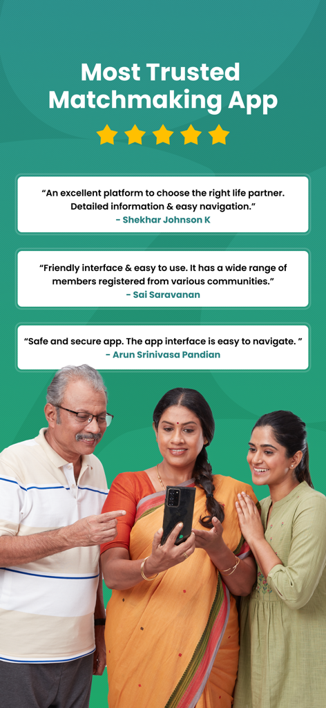 A Tamil family looking at a smartphone together below positive user testimonials for the Tamil Matrimony app