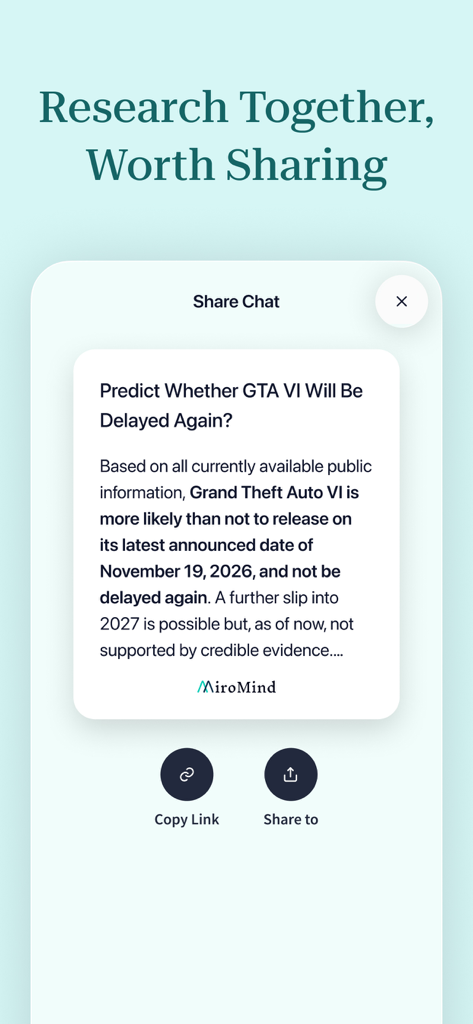 MiroMind - Ein Screenshot der MiroMind-App-Oberfläche, der einen teilbaren Forschungsbericht mit prädiktiver Intelligenz über das Erscheinungsdatum eines Produkts zeigt.