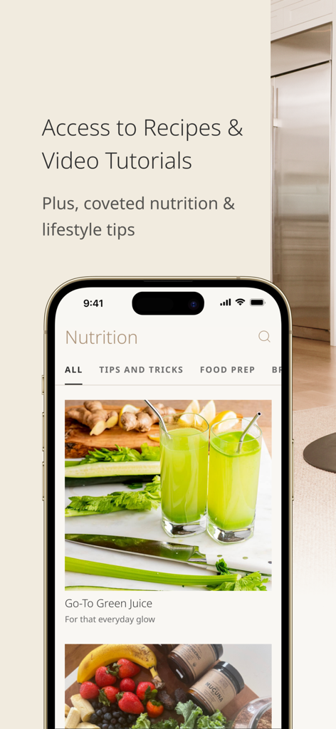The nutrition and recipes section of the MWH Fitness and Wellness app featuring a green juice tutorial