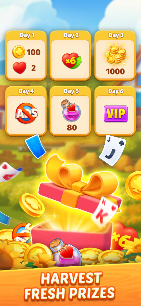 A daily rewards screen in Solitaire Farm Adventure showing coins hearts and special prizes over six days