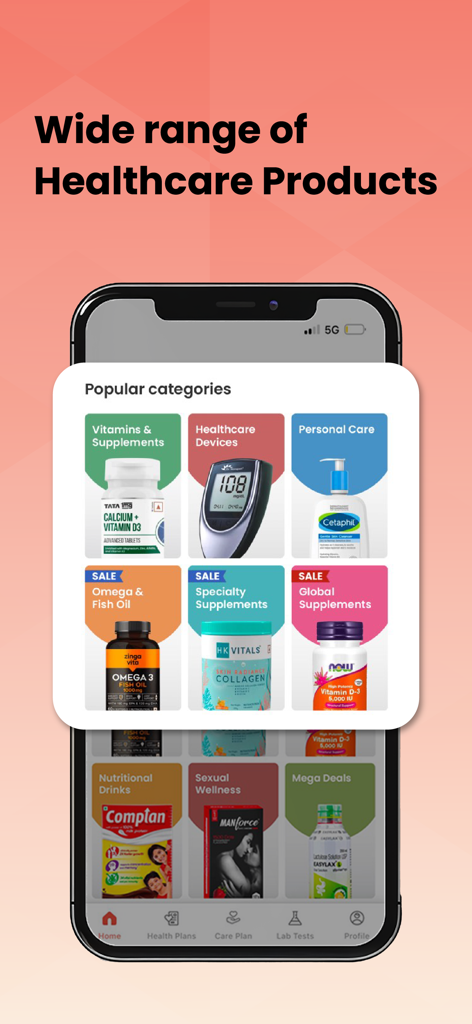 Smartphone screen displaying the Tata 1mg app with various healthcare product categories like supplements and medical devices.