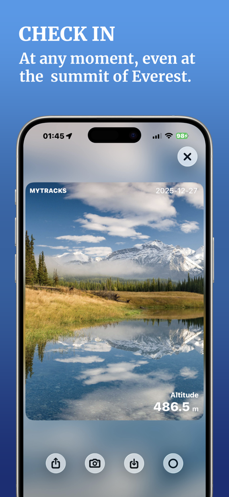 MyTracks: GPS Recorder - MyTracks app showing altitude data on a mountain landscape photo check in