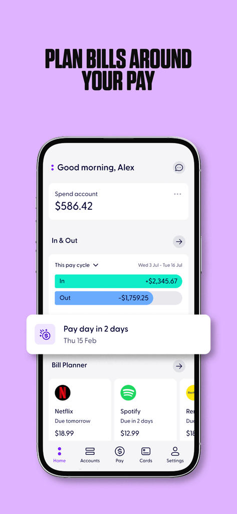 Ubank mobile app screen showing bill planning around a pay cycle with upcoming subscription payments for Netflix and Spotify.