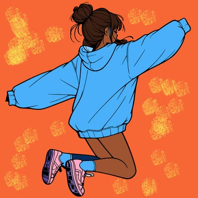 realistic girl jumping with a bun and oversized sweatshirt