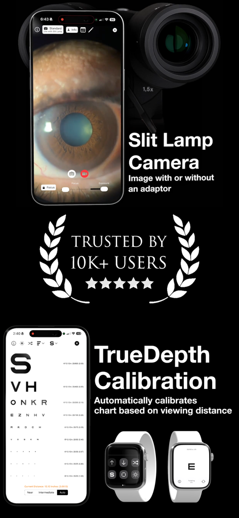 Interface d'application mobile d'ophtalmologie montrant la caméra de lampe à fente et les outils de calibration des tableaux de vision