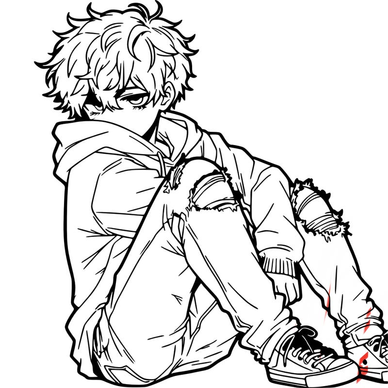 a male hoddie ripped jeans messy hair anime