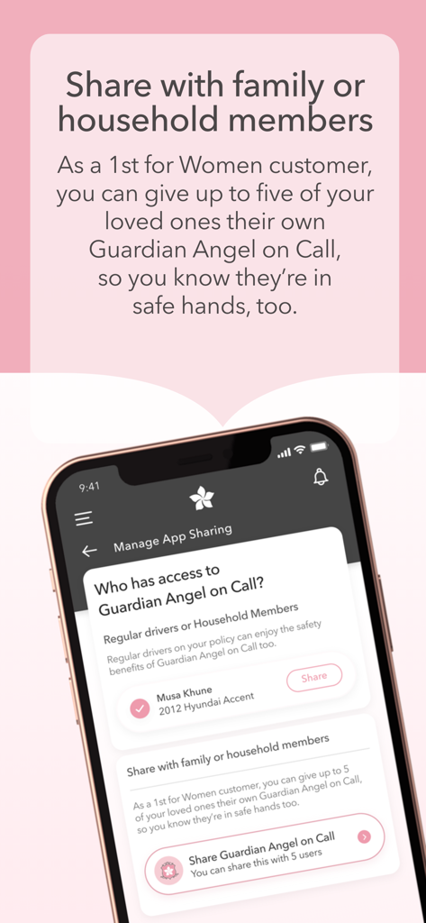 A mobile interface for the 1st for Women app showing options to share Guardian Angel safety features with up to five family or household members.