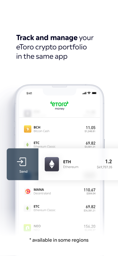 eToro Money App-Oberfläche, die ein Kryptowährungsportfolio mit Bitcoin Cash, Ethereum und anderen Assets anzeigt.